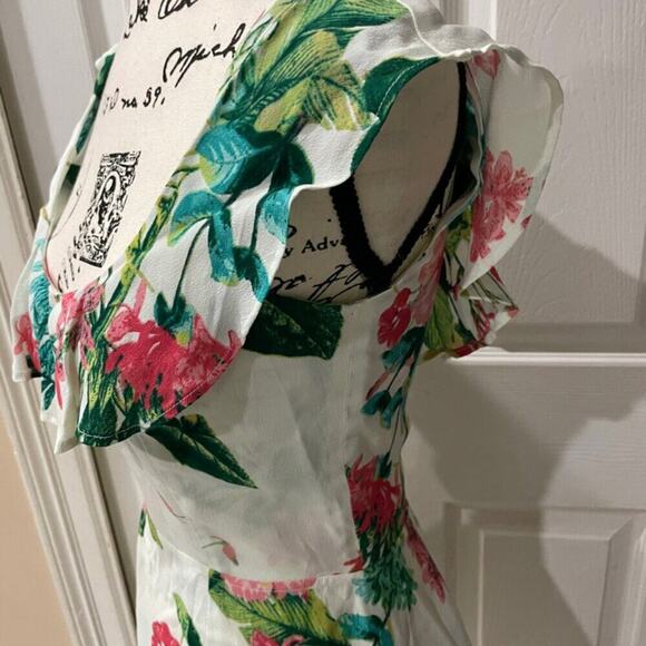 REFORMATION MINI DRESS PERLA RUFFLE SCOOP NECK TROPICAL FLORAL Sz 4 COCONUTGIRL - Picture 14 of 16